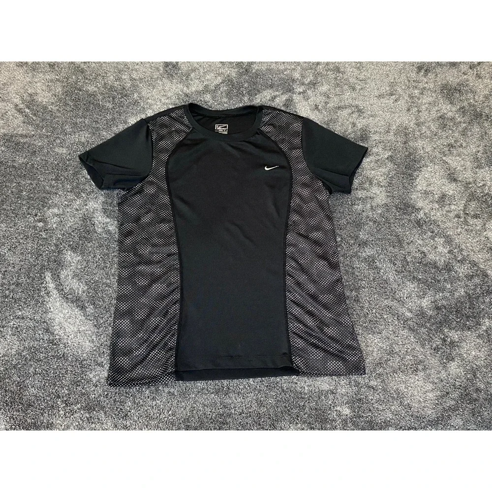 Nike Fit Dry Women Black White Dot Mesh Panel Activewear T-Shirt Size M